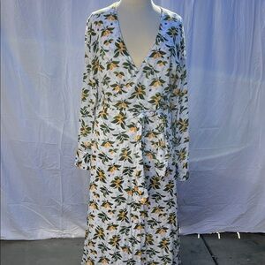 Hand Crafted White Wrap Dress with Green and Orange Floral Pattern